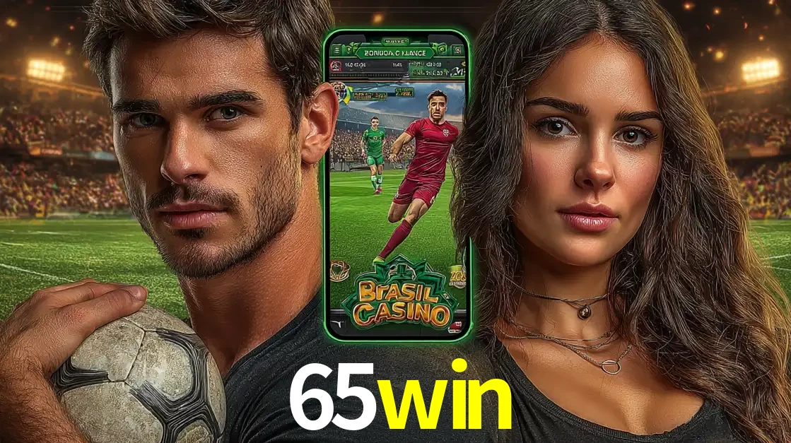 Homem segurando uma bola de futebol e uma mulher ao lado de um smartphone exibindo o jogo de apostas esportivas da 65win. Faça seu palpite no cassino online.