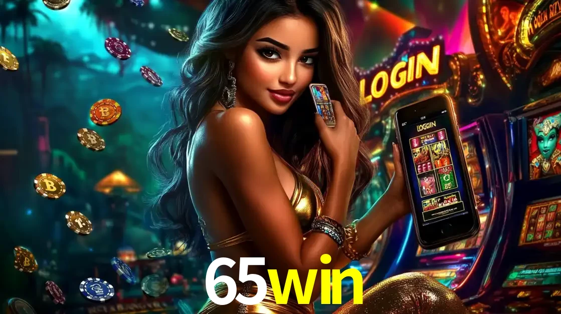 Mulher em um cenário de cassino temático de aventura, mostrando o app de caça-níqueis da 65win no celular. Fichas de apostas flutuam ao redor.