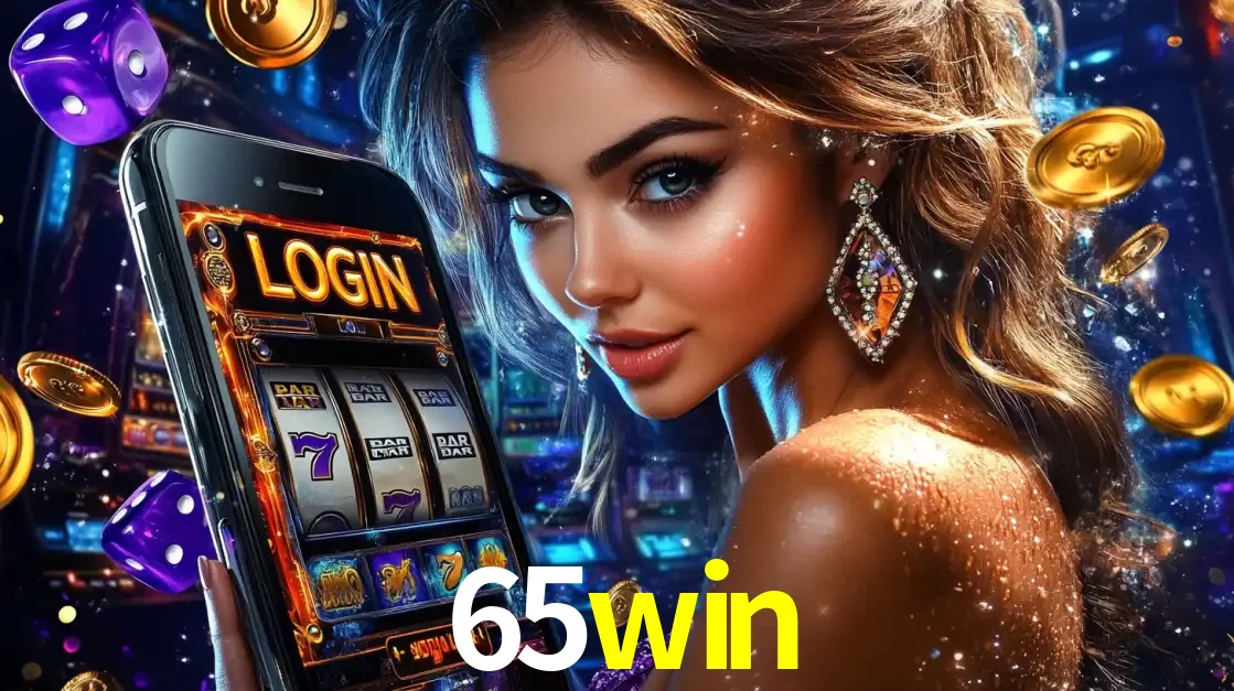 Mulher glamorosa segurando um smartphone com a tela de login para os jogos de caça-níqueis do cassino online 65win, com moedas de ouro e dados ao redor.